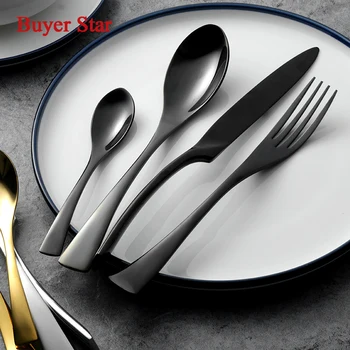 

24 piece black western food dinnerware set top quality stainless steel steak knife fork tablespoon teaspoon cutlery dinner set