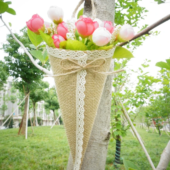 

6PC DIY Burlap Hanging Pew Cone Flower Holder Organizer Christmas With bowknot Rustic country Wedding Decorations