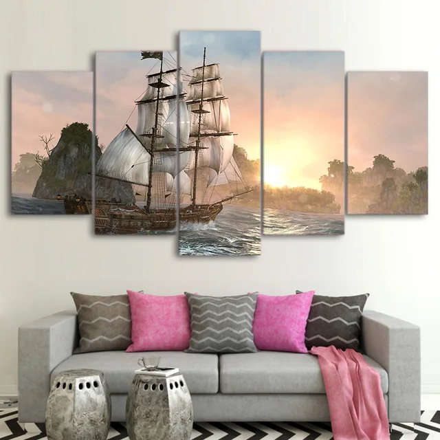 

Home Wall Decor Creative Big Sailing Ship Interest Five Pieces Canvas Printings Painting Framed Modern Space Art For Living Room