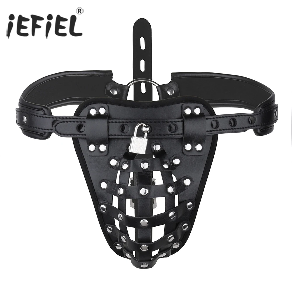 iEFiEL Sexy Gay Mens Open Butt Pentis Lingerie PU Leather Sissy Pouch Man Jockstraps G-string Underwear Underpants Locks
