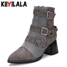 Kiiyilala High Heel Motorcycle Boots Women Shoes Woman Ankle Boots Shoes New Pointed Toe Side Zipper Buckle Woman Boots Big Size the new woman thin high heel pointed toe ankle boots fashion back zipper dress boots woman black red