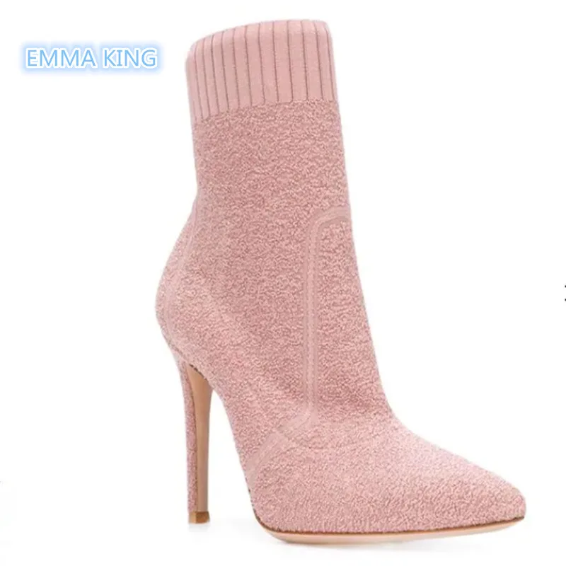 

2019 Autumn Spring Stretch Ankle Boots Women Sexy Stilettos Pointed Toe High Heel Shoes Slip On Fashion Woman Pink Booties Mujer