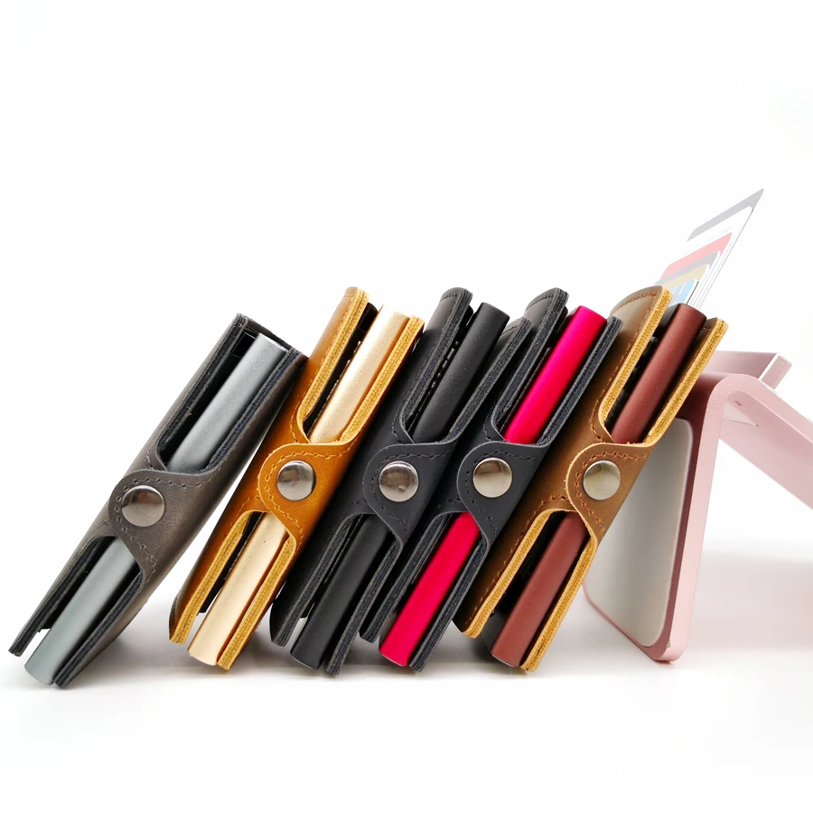 RFID الأعمال الائتمان حامل بطاقة الرجال أوتوماتيكي متعدد الوظائف الألومنيوم سبائك جلدية بطاقات حالة البسيطة محفظة ضئيلة محفظة نسائية للعملات...