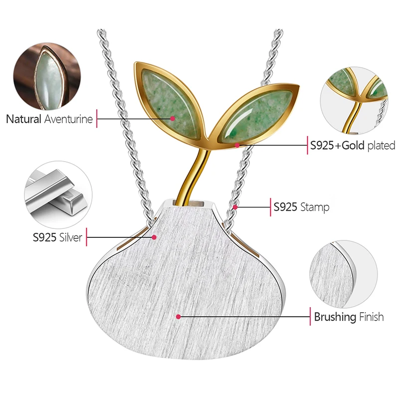 Lotus Fun 925 Sterling Silver Natural Aventurine Handmade Leaf Pendant without Chain Women silver pendant
