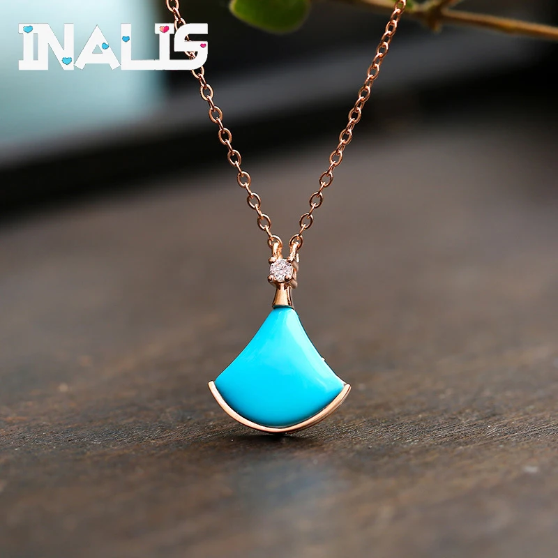 

INALIS 2018 New Sector Blue Turquoise Pendant 925 Sterling Silver Link Chian Statement Necklace for Women Wedding Fine Jewelry