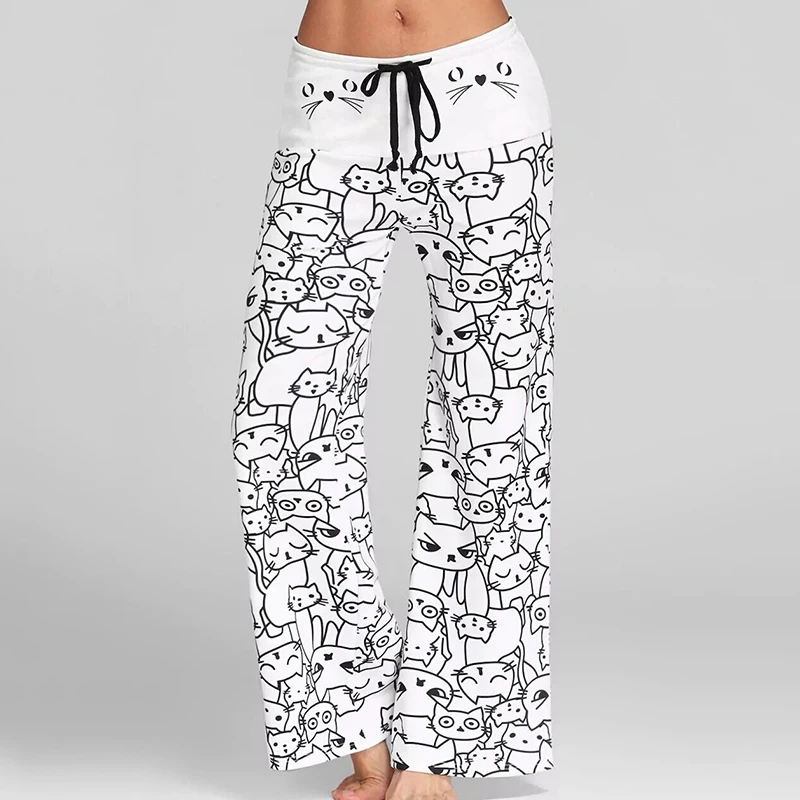 

Women Casual Loose Print Pants Cartoon Cat Lace-Up Long Length High Waist Drawstring Flare Pants for Ladies White Black 6Q1174