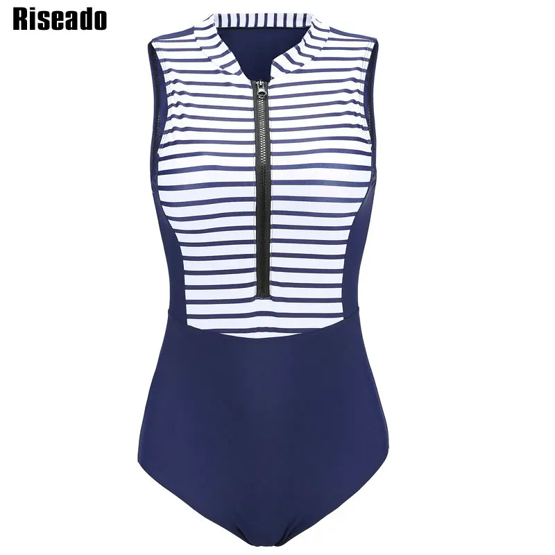 

Riseado New 2019 Striped Printing One Piece Swimsuits Women Patchwork Rash Guards Swimwear Women Zipper Design Bathing Suits