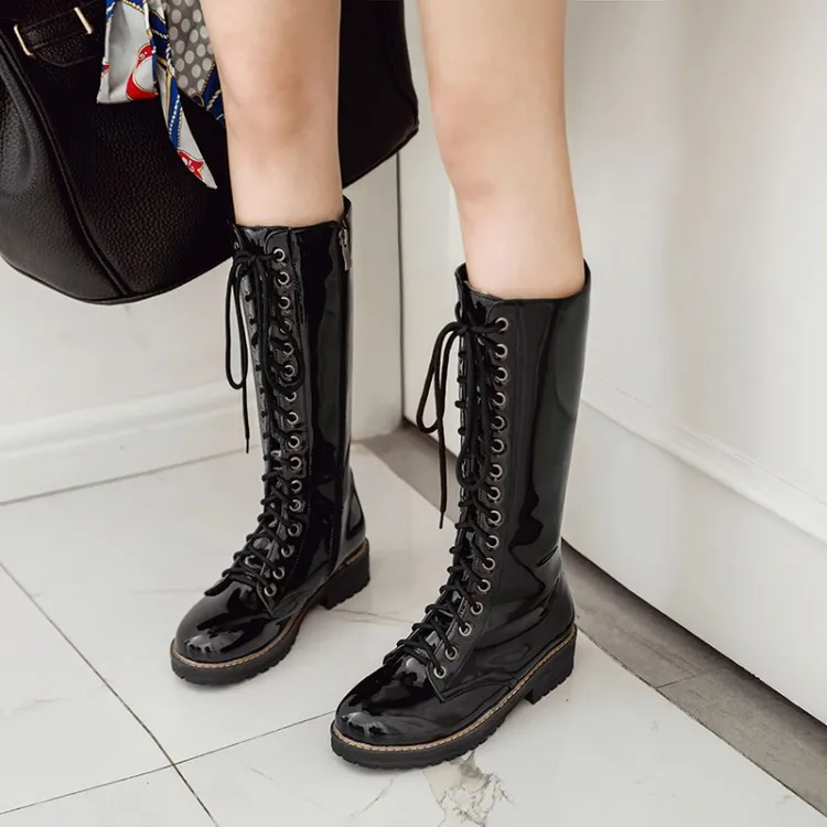 

PXELENA Rome Riding Knight Martin Mid Calf Boots Women 2018 New Low Heels Lace Up Military Army Combat Boots Female Shoes 34-43