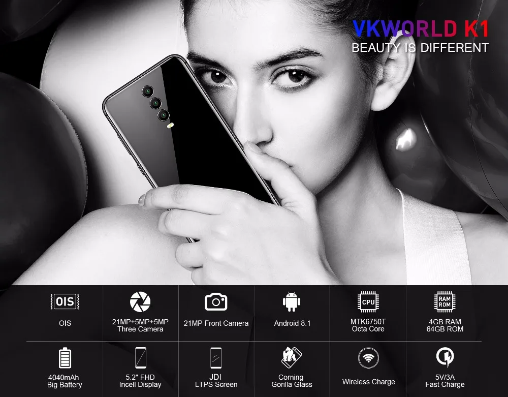 Смартфон vkworld K1 с тремя тыловыми камерами, 5,2 дюйма, Восьмиядерный процессор MTK6750T, Android 8,1, 4040 мА/ч, быстрая зарядка, 5 В/3 А, 4 Гб ram, 64 ГБ rom