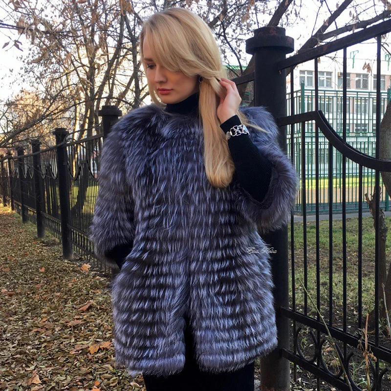 

BFFUR Real Fox Fur Coat Women's Winter Warm Fur Jacket Outerwear 2018 New Fashion Style Natural Silver Fox Fur Coat For Female
