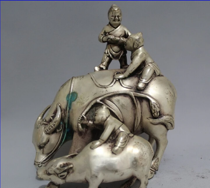 

free 8" Chinese feng shui Silver 3 Child Kid shepherd boy Ride Bull Ox Wealth Statue fast