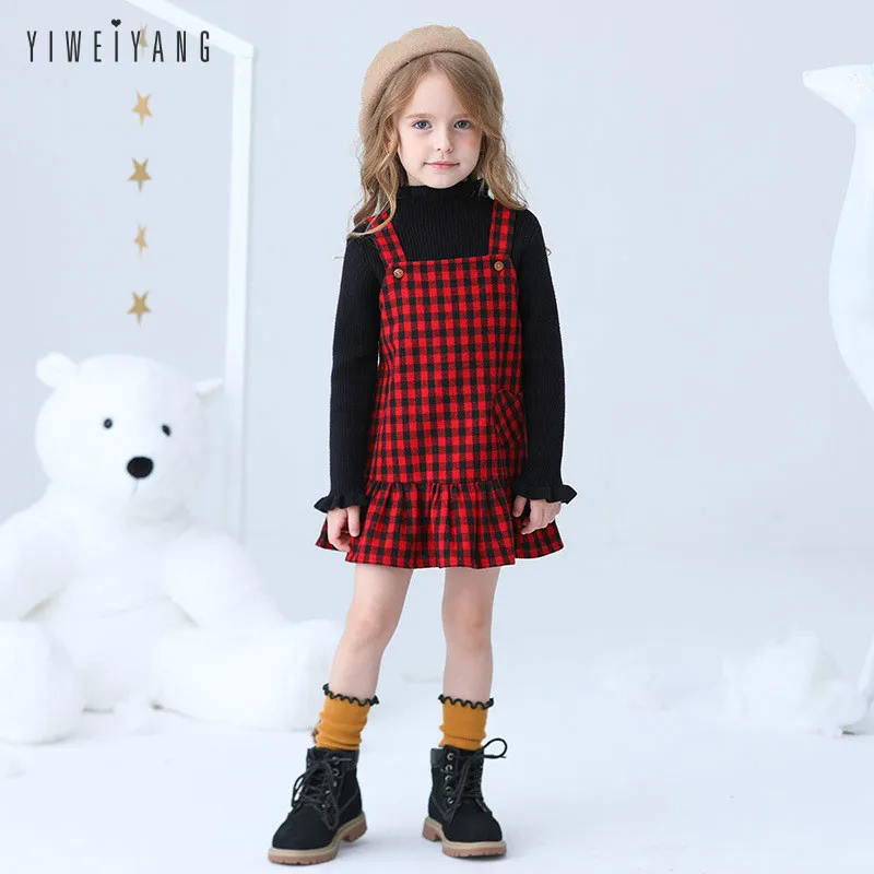 

New Spring and Autumn Kids Dresses for Girls Sweet and Lovely Ruffled Hem Girl Dress Fashion Plaid Sling Dress Christmas Dress