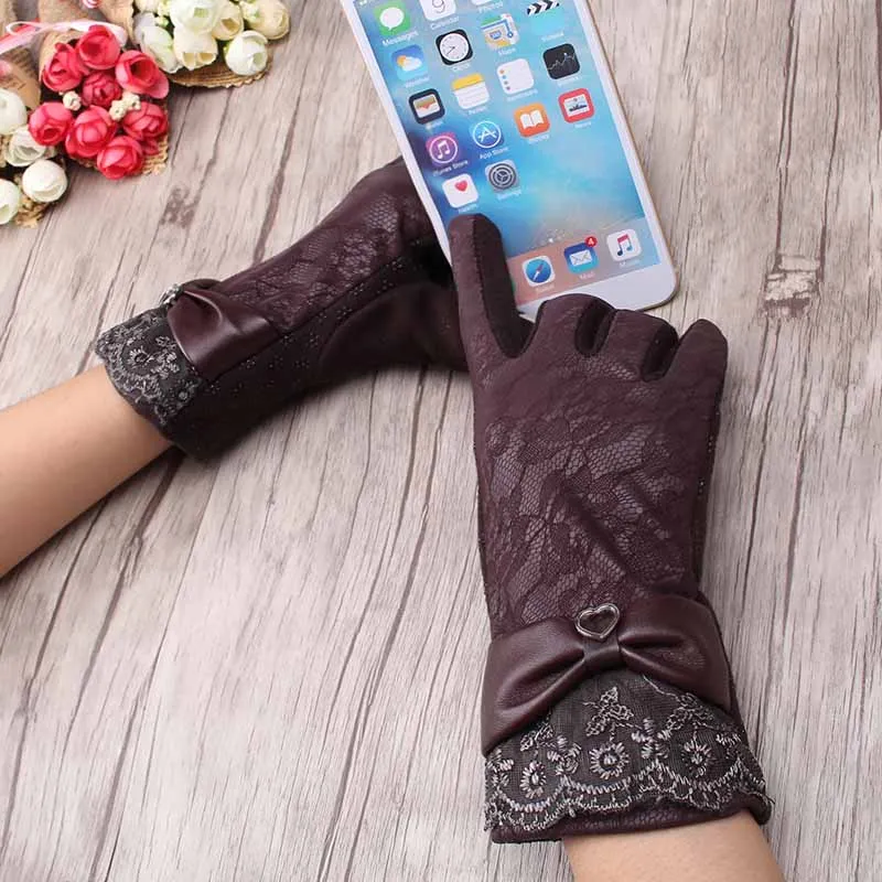 

New Autumn Winter Women Lace Screen Sense Full Finger Gloves Girls Fashion Warm Bow Wrist Glove Anti-slip Mittens Luvas