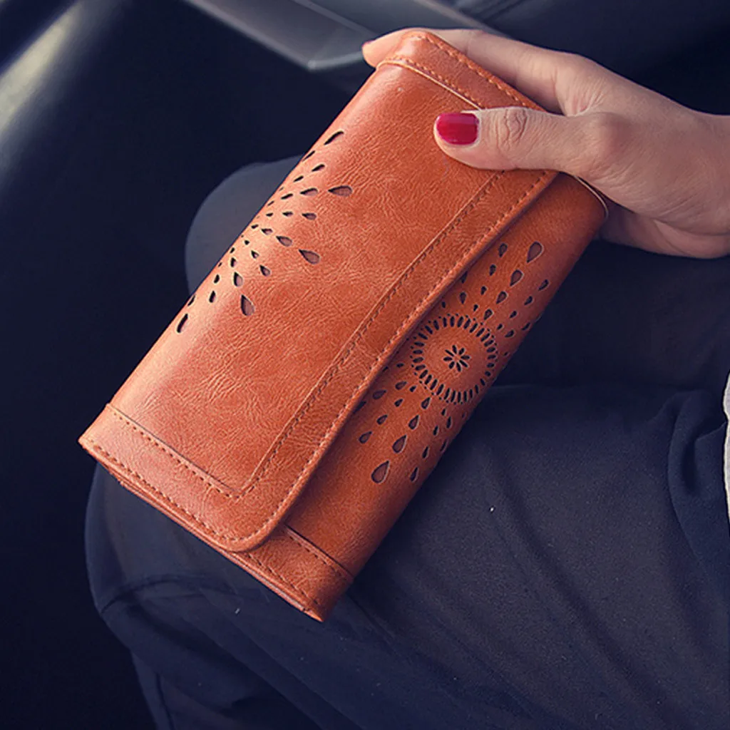 

Women Retro Pure Color Hollow Out Long Wallet Coin Purse Card Holders Handbag ladies vintage Brown Day Clutches Phone Purse bag