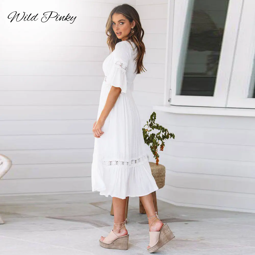 WildPinky New White Lace Up Long Sexy Dress Women Summer V-neck Hollow Out Party Bohemian Dress Casual Feminino Dresses Vestidos