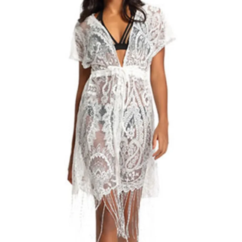 Women Summer Mesh Beach Wear Cover up Swimwear Bikini Lace Tassels