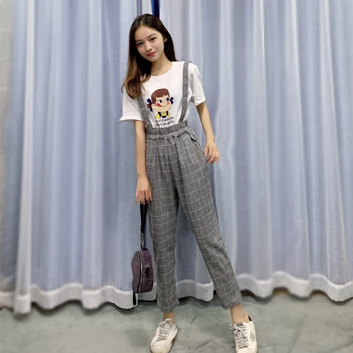 Streetwear Summer Pants Women 2019 Korean Style Casual Black Striped Elastic Waist Suspender Trousers Gray Plaid Overalls B308 Streetwear Summer Pants Women 2019 Korean Style Casual Black Striped Elastic Waist Suspender Trousers Gray Plaid Overalls B308