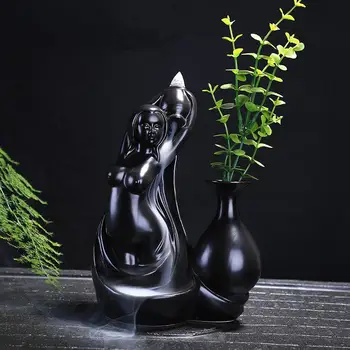 

Creative Beauty Shape Home Decor Backflow Stick Incense Burner Waterfall Glaze Black Ceramic Censer Home Decoration