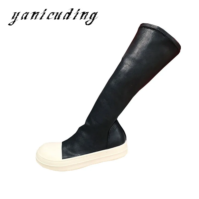 Piste Haute De Bottes Patchwork Élastique Appartements Défilé Plate Mode forme Sur Noir Casual Femmes Mince Le Genou Chaussures Stretch Femme FJKT1l3c