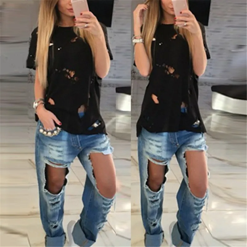 Women’s Short Sleeve Ripped T-Shirt, Black/White, Fashion Holes O Neck Tee Tops by Helisopus image 4