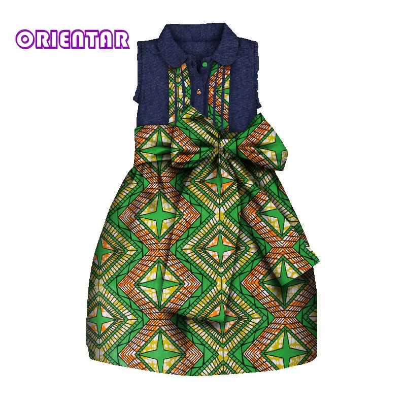 Детские африканская одежда Платья без рукавов для девочек Африка принт Высокая талия с большим бантом милое праздничное платье WYT259