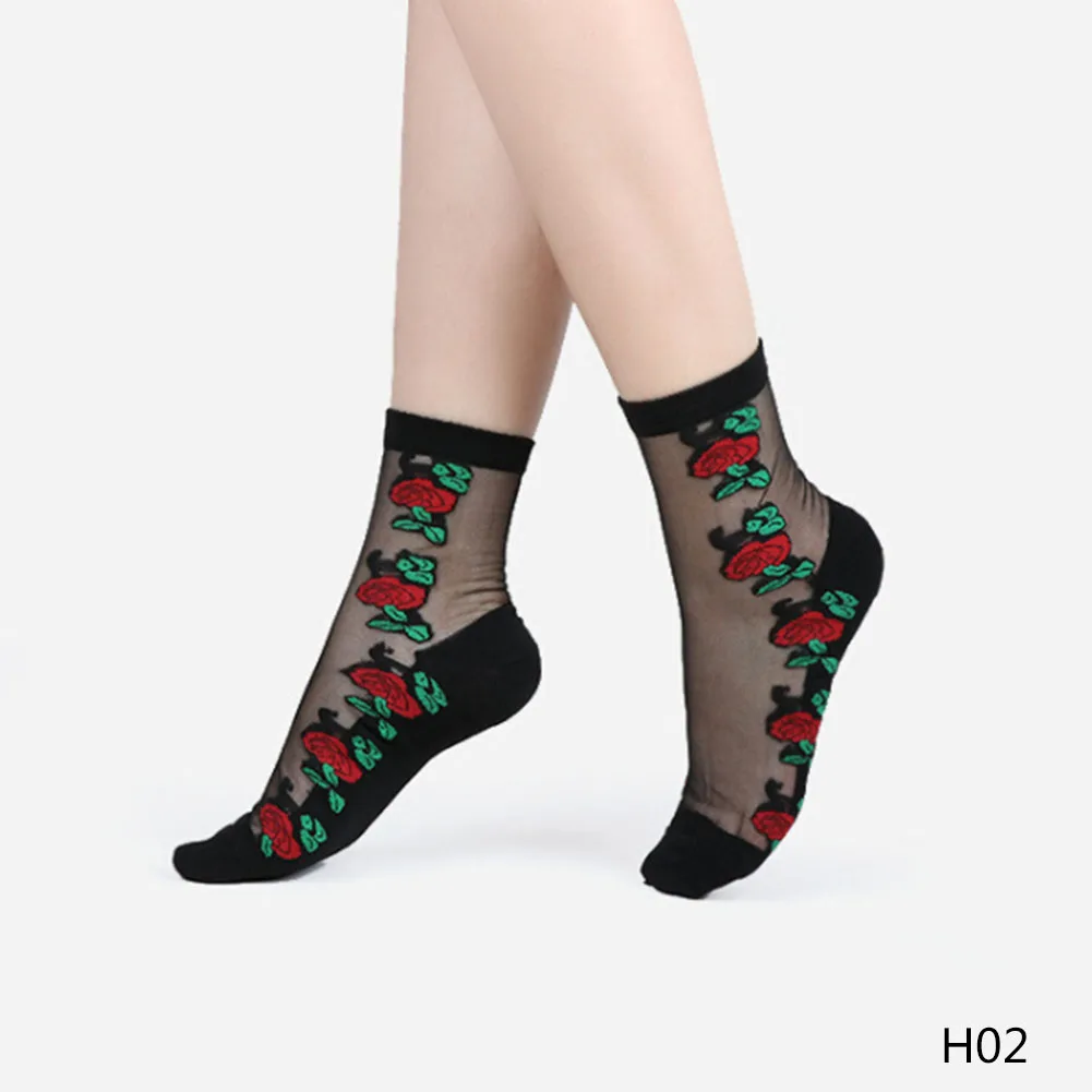 1 пара, модные женские кружевные высокие носки в сеточку с рыбками, хрустальные шелковые короткие тонкие прозрачные носки в сеточку с розами - Цвет: 2