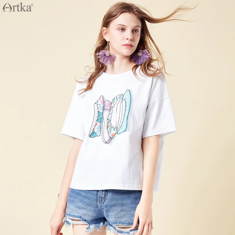 Женская футболка ARTKA Повседневная Свободная из 100% хлопка с коротким рукавом и