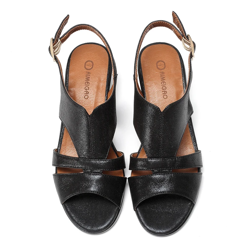AIMEIGAO High Quality Peep Toe Sandals Women Square Med Heels Sandals Summer Shoes Soft Leather Comfortable Women Shoes