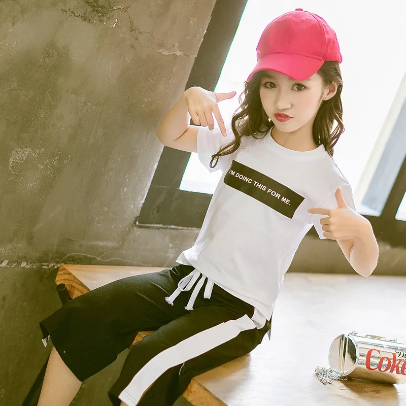 Soft Cotton Teenage Girls Clothing Set 2019 Summer Letter Print Tshirt Tops Pants 2-piece Kids Clothes Suit For Children Outfits (16)