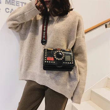 

Bag female 2020 new badge rivet small square bag chic wide shoulder strap Messenger bag