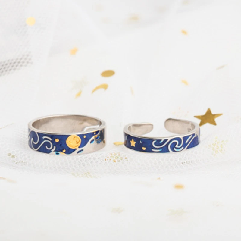 Qevila Van Gogh Starry Sky Open Lovers Rings For Women Men Romantic Valentine's Day Gift Real 100% 925 Sterling Silver Jewelry  (9)
