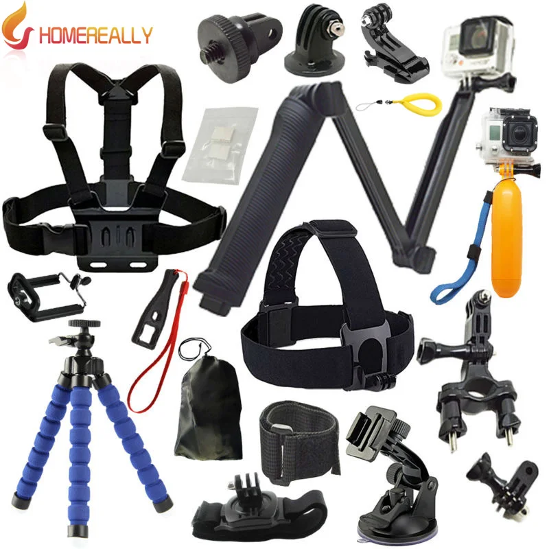 HOMEREALLY GoPro 3 Way Grip Arm Tripod Set Head Strap for Gopro Hero 5 4 3 2 Black Edition SJCAM