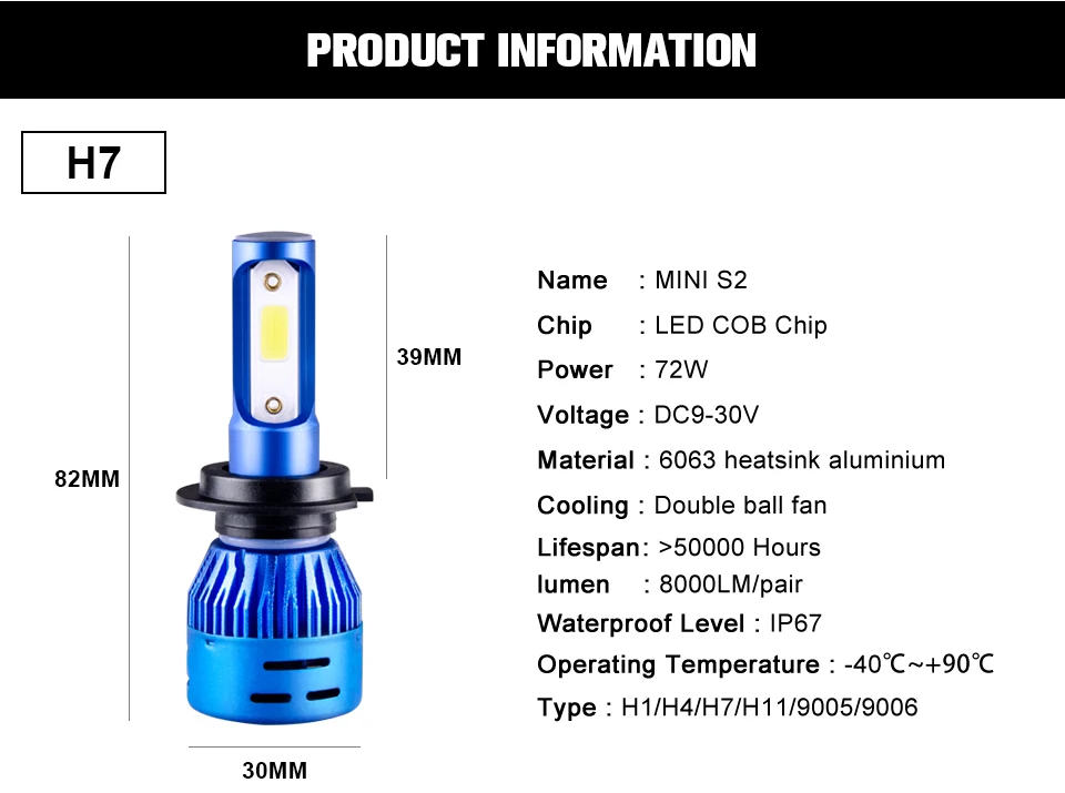 Foxcncar Auto Bulbs LED H7 H4 H11 H1 9005 9006 HB2 HB3 HB4 LED Car Headlights 6500K 8000LM 72W 12V 24V Car Fog Lights COB Chip (10)