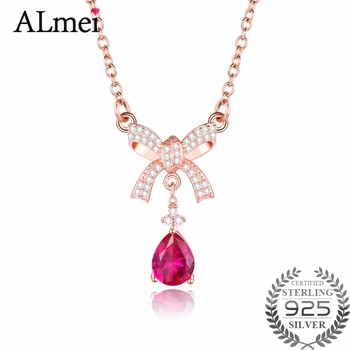 

Almei 2ct Red Corundum Bow Necklace 925 Sterling Silver Delicate Necklace Bridesmaid Handmade Bow Necklace Free Box 40% FN046