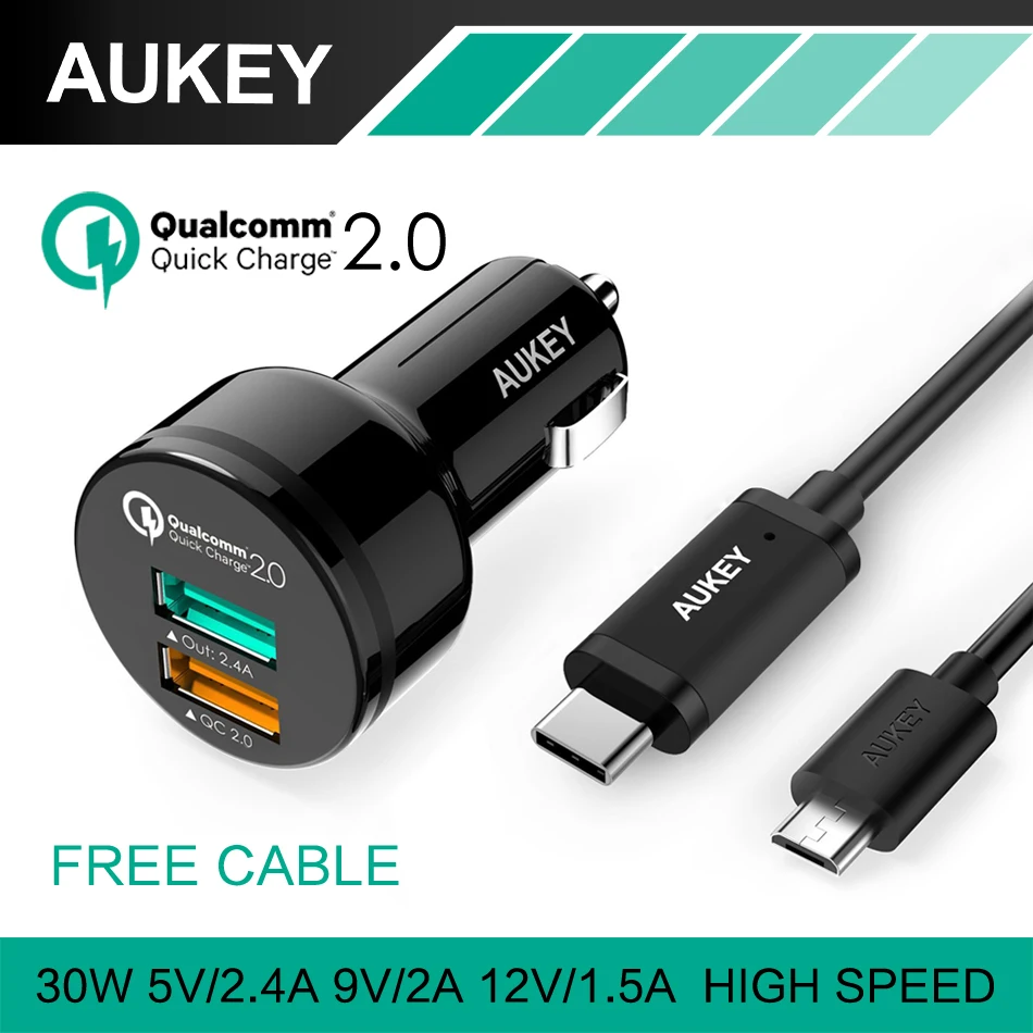 AUKEY For Qualcomm Quick Charge 2.0 30W 2-Port USB Car Charger with AIPower Tech Car-Charger For Phone /Tablet Free Typc C Cable