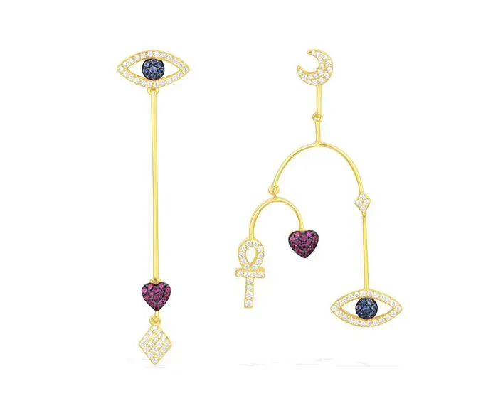 Janekelly несоответствие Роскошные модные сглаза кубического циркония Свадебная вечеринка серьги-кольца, модные ювелирные украшения для женщин