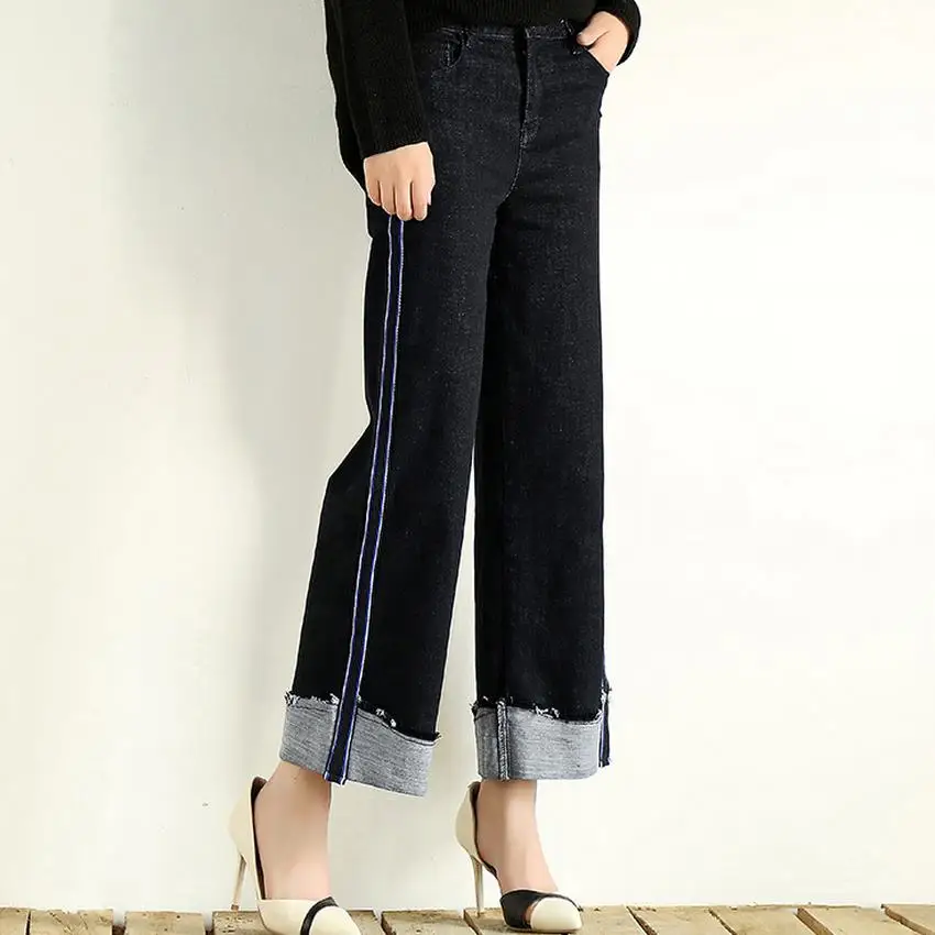 Jeans women stripe Women Jeans Large Size Straight Denim Pants pocket