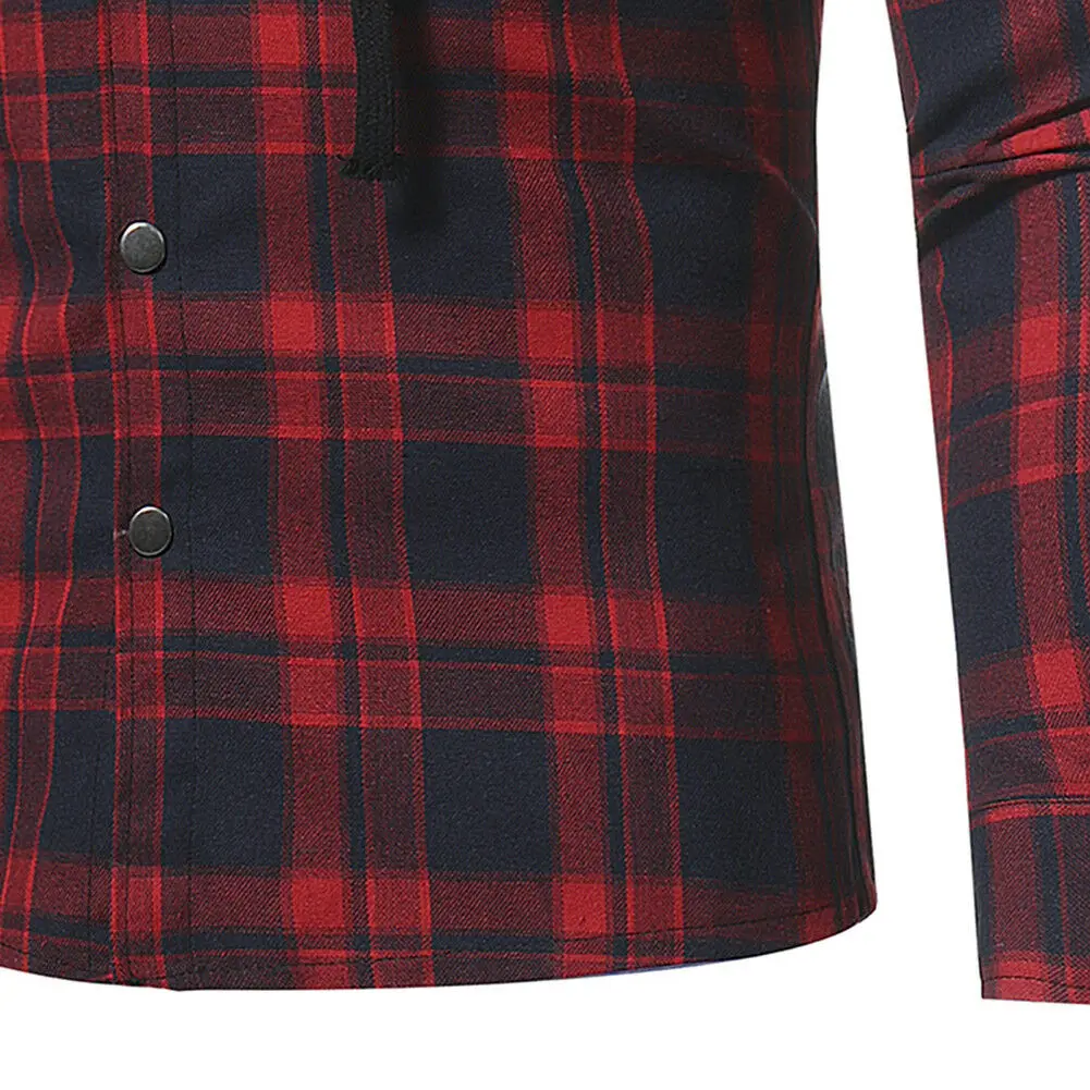 Brand New Style Plus Size Men Casual Long Sleeve Plaid Hooded Checked Pullover Shirt Tops Blouse