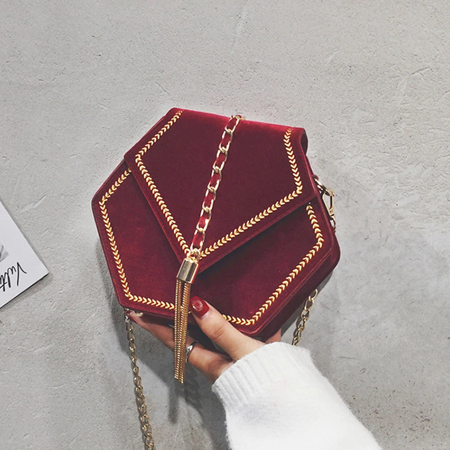 Hexagon Geometric Crossbody Bags For Women Velet Chains Tassel
