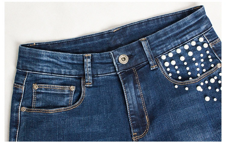 2018 Europe and the United States Women's new high-rise jeans Pearl beaded women's summer jeans trousers (13)