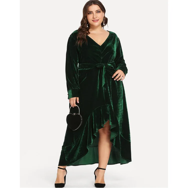

v-neck velvet dress plus size 3xl 4xl evening party sexy dress ruffles large size women dress long sleeve winter dresses 2019