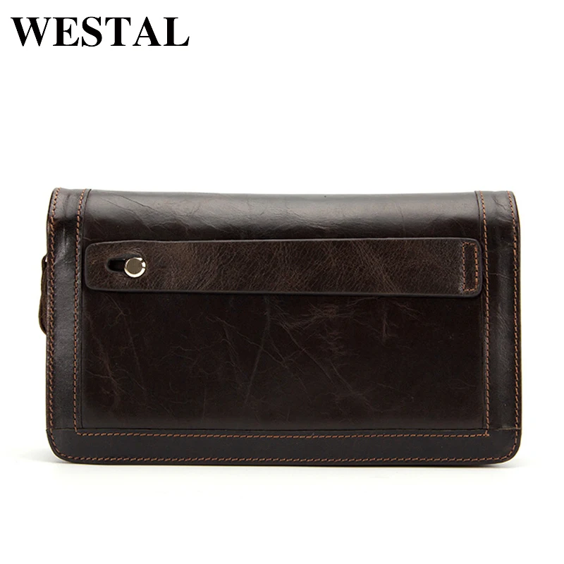 Beste WESTAL mannen portefeuilles echt lederen portemonnee mannelijke portemonnee voor credit card rits lange solid mannen zwarte mode clutch portemonnee 9013