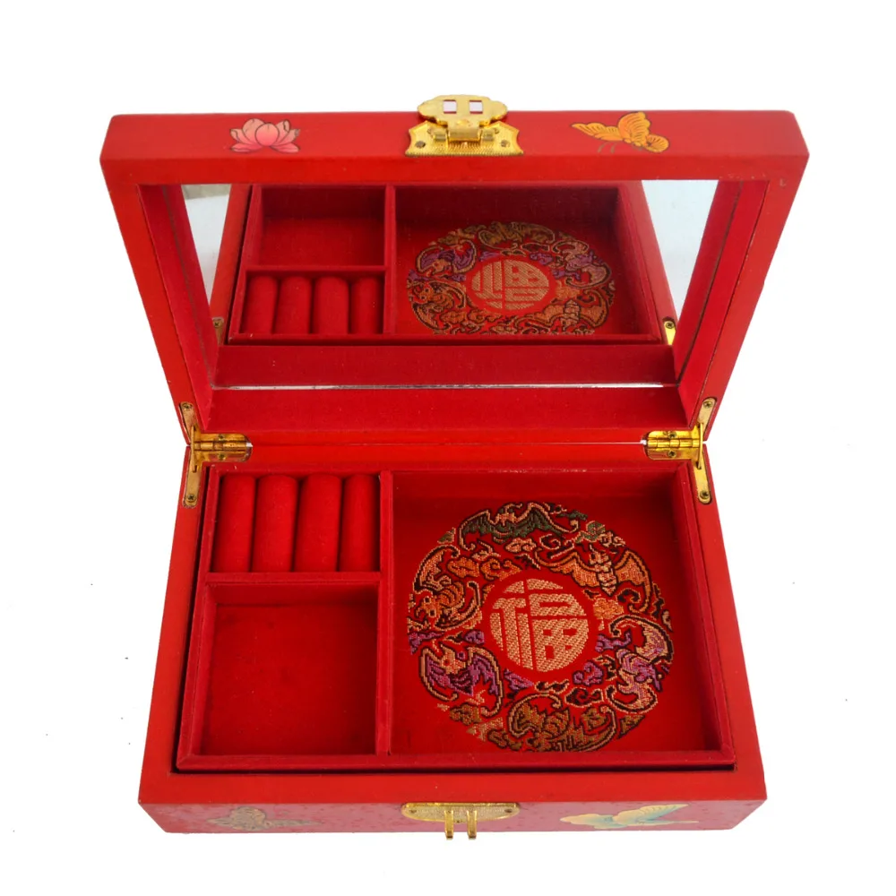 

Feng shui Chinese vintage wooden red jewelry Box W butterfly pattern J2092