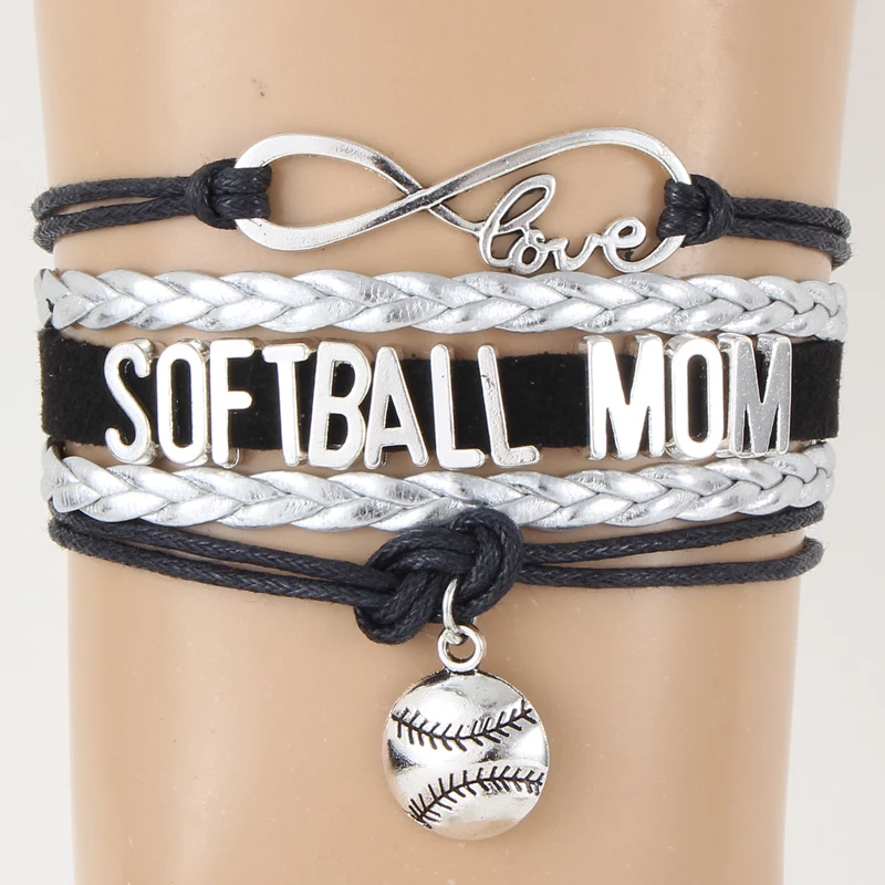 

Infinity Love Softball Mom Bracelet & Bangles Softball Charm Jewelry Gift for Women Men Black Silver Wax Leather Braided Bangles