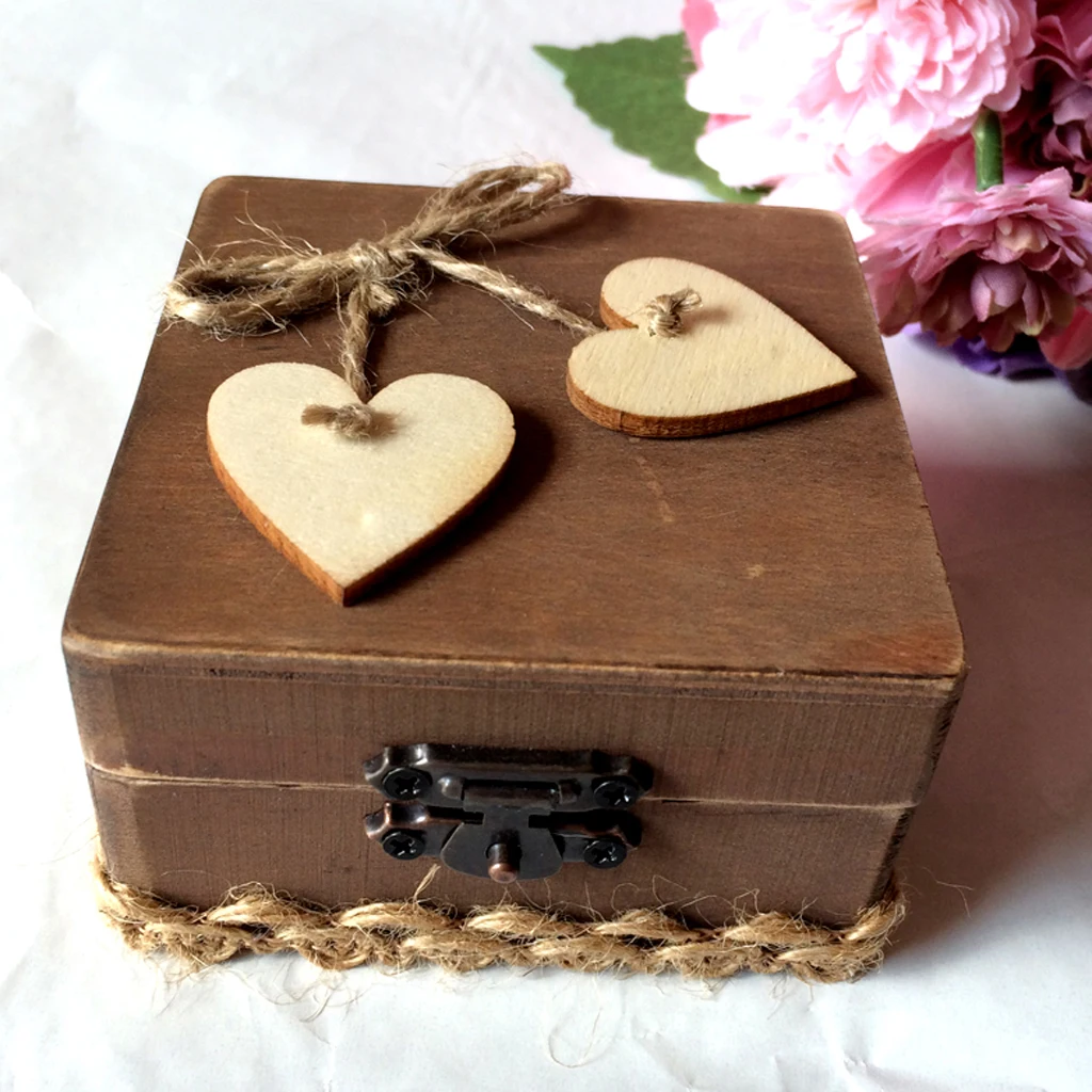 Vinatge Style Square Wooden Ring Bearer Box Heart Ring Pillow Box Lover Gift Box Adorned with Wooden Heart Pieces Jewelry Case