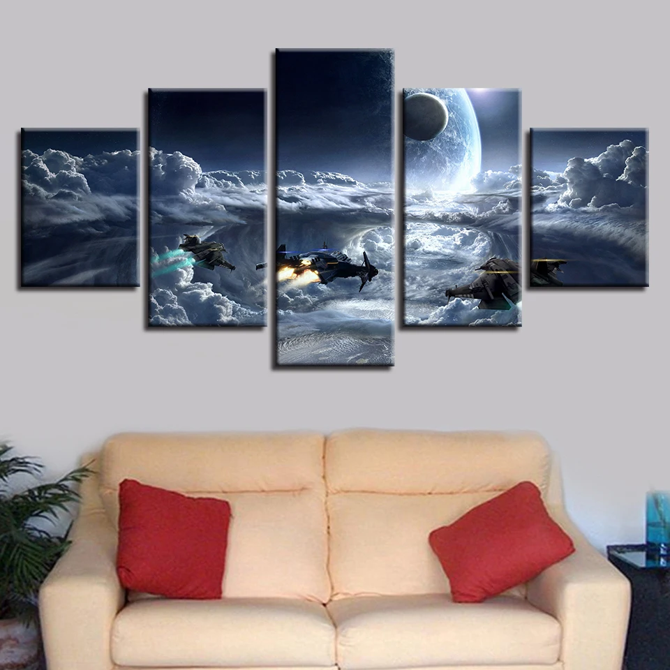 

Canvas Paintings Home Decor 5 Pieces Planet Earth Star Clouds Space Poster Modular Printed Game Aircraft Pictures Wall Art Frame