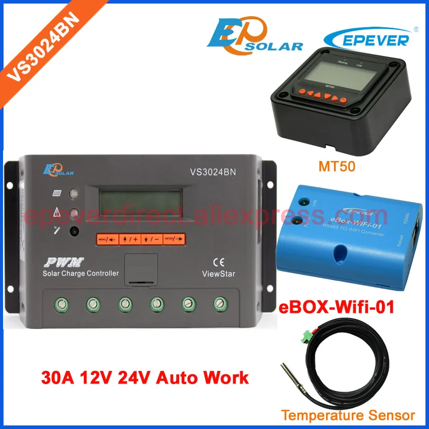 

eBOX-Wifi-01 Connect APP use solar EPEVER Charging controller VS3024BN 30A 30amp temperature sensor and MT50 remote meter PWM
