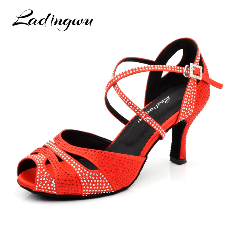 

Ladingwu Red Dance Shoes Women Latin Soft Bottom Ballroom Dance Shoes Red Rhinestone Salsa Dance Shoes Heel 6/7.5/8.5/9/10cm