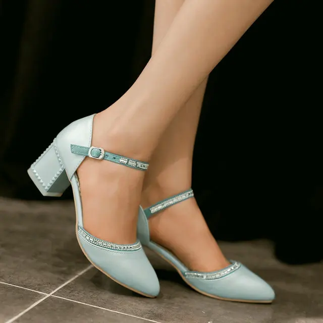 

2015 spring and autumn elegant poined toe ankle strap square heeled women shoes large size 34-43