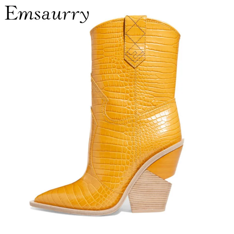 

Hot New Mid Calf Boots Individual Chunky Heel Cut Out Heel Pointed Toe Luxury Geniune Leather Catwalk Boots Women